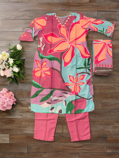 Women Floral Printed Kurta and Pant With a Dupatta.