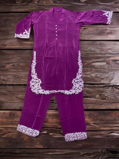 Stylish Purple Kurta Set With White Embroidery.
