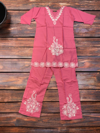 Stylish Pink Co-ord Set With a White Embroidery.